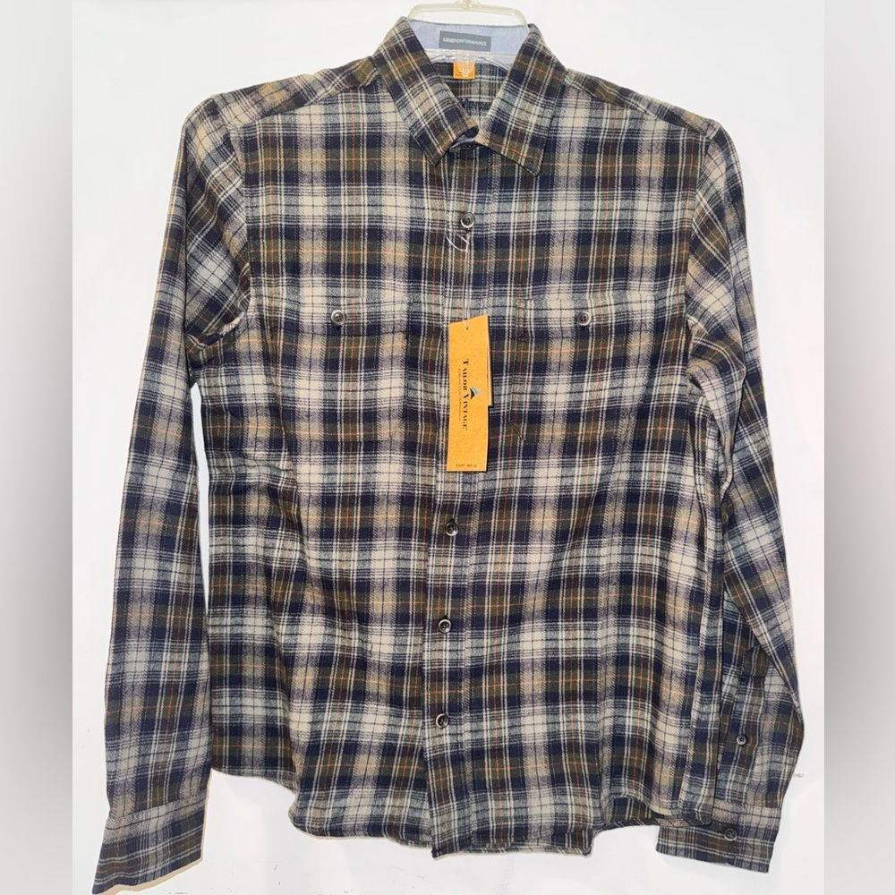 NWT Tailor Vintage Blue and Grey Plaid Shirt Size Small